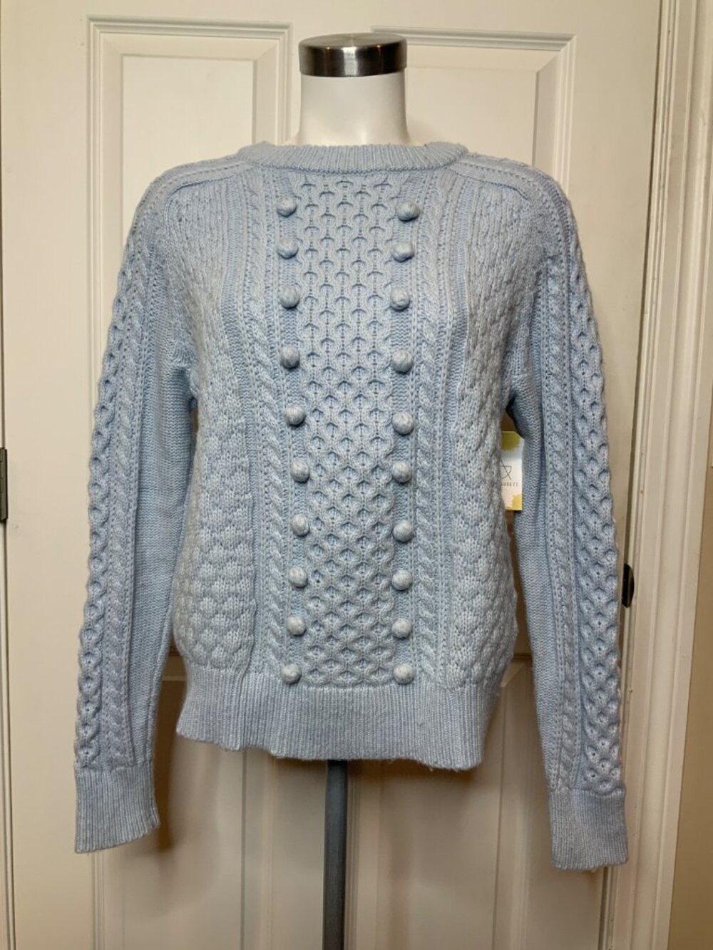 J Crew Light Blue Wool Blend Cable Knit Pom Pom Crew Neck Sweater, Size M